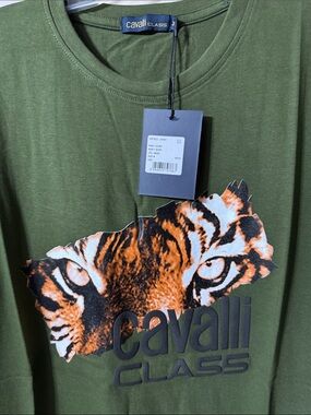 Cavalli Class Olive Green Tee with Tiger Face Print